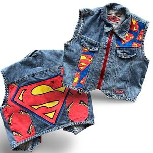 Hydraulic Jeans Vest - Superman Hand Applique Repurposed Jeans